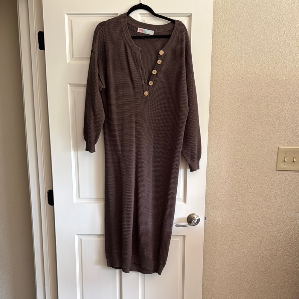 Brown V-Neck Dolman Sleeve Sweater Dress